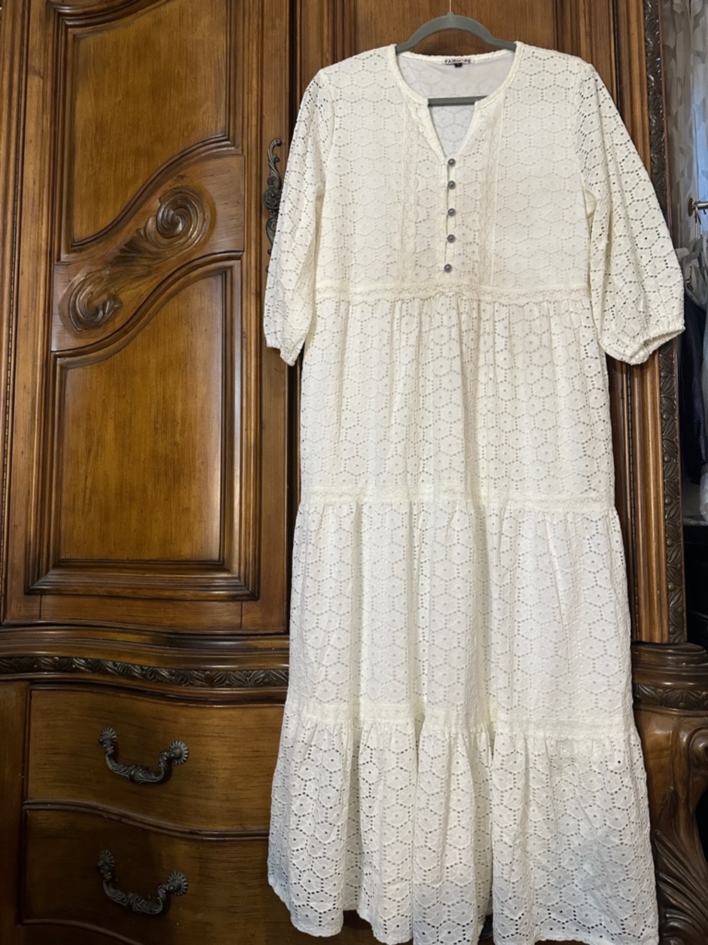 Prairie Eyelet Lace Tiered Boho White Fully Lined Cottage Core Maxi Dress Large - Picture 5 of 14